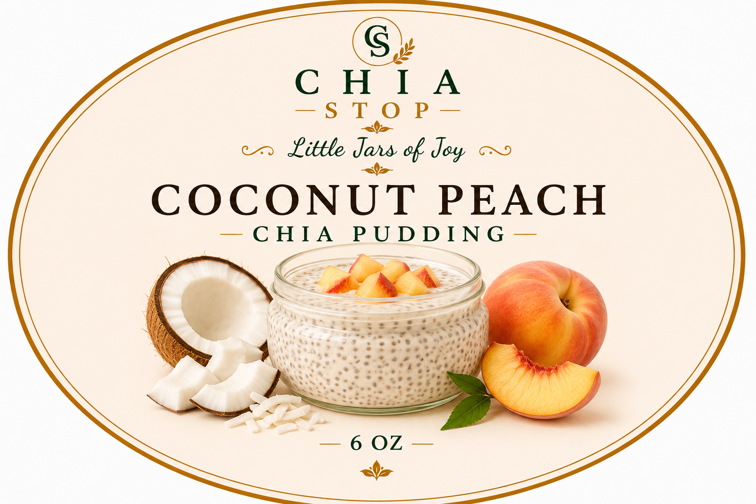 CHIA STOP Coconut Peach Chia Pudding jar label
