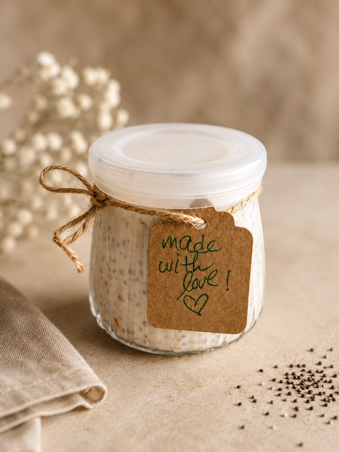 CHIA STOP chia pudding jar with a handwritten made with love tag.
